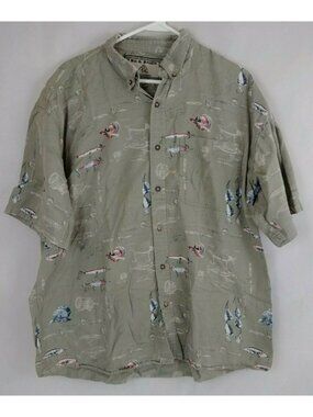 Bit and Bridle Men's Green Button Up Short Sleeve Shirt With Fishing Design Sz L